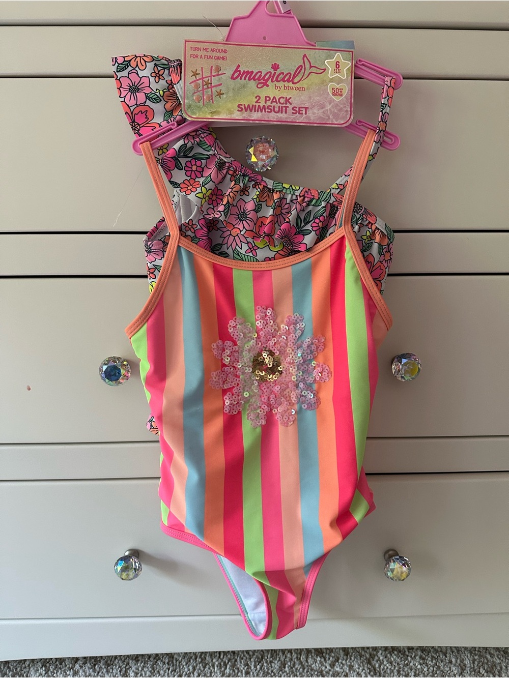 Like New #bmagical Girls' Bright Striped Sequin Flower Swimsuit